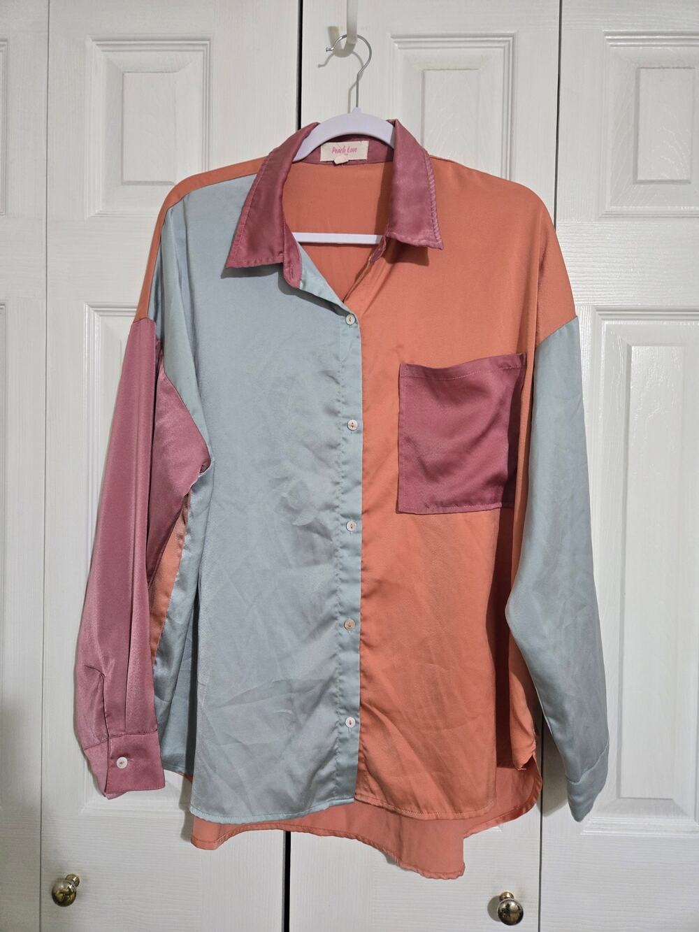 Peach love medium women's oversized color block button up shirt
